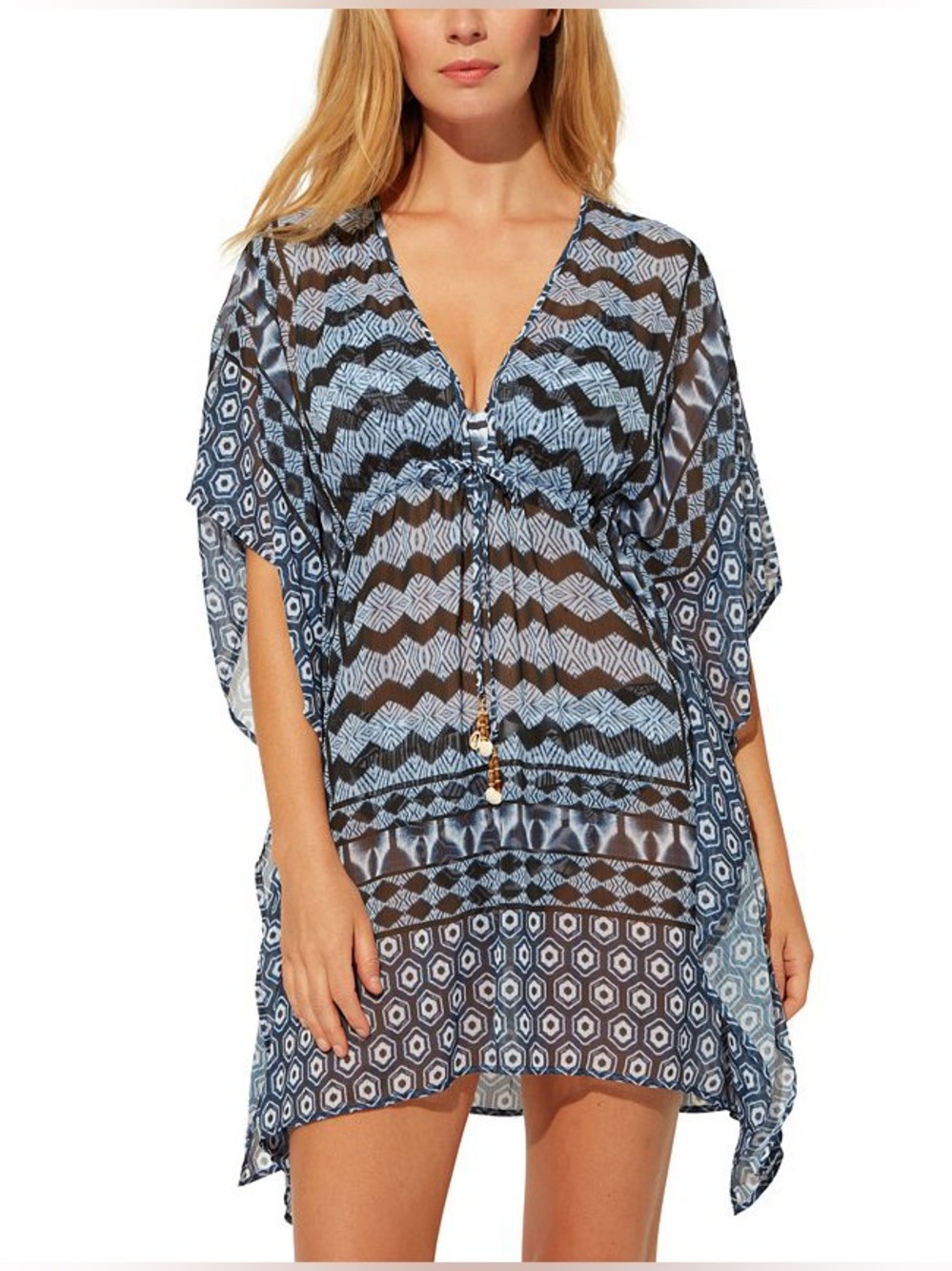 BLEU by Rod Beattie blue and white patterned chiffon swimsuit cover-up caftan
